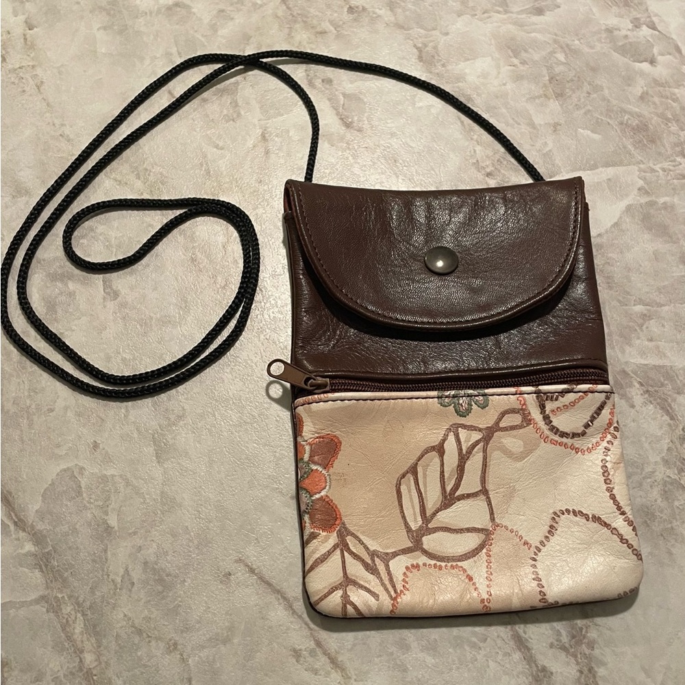 Vera Pelle Brown & Cream Floral Leather Crossbody Bag